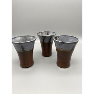 Set of 3 Blue And  Brown Glaze Pottery Tumblers Cups Signed Studio‎ Art